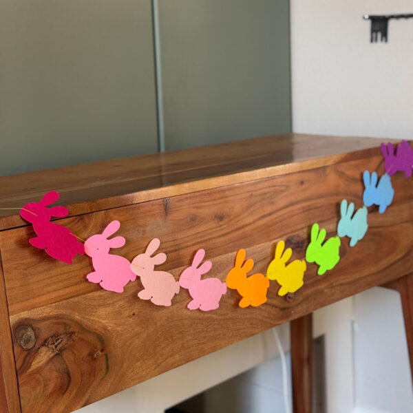 Rainbow bunny garland for Easter mantle banner.