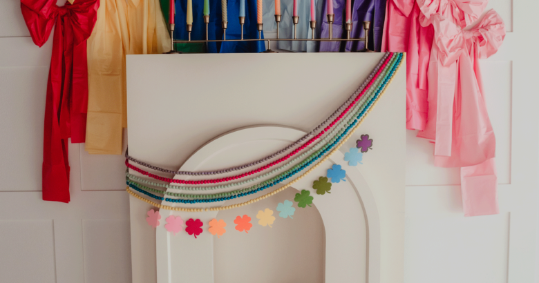 Rainbow tablecloth DIY mantel decor for saint patricks day.