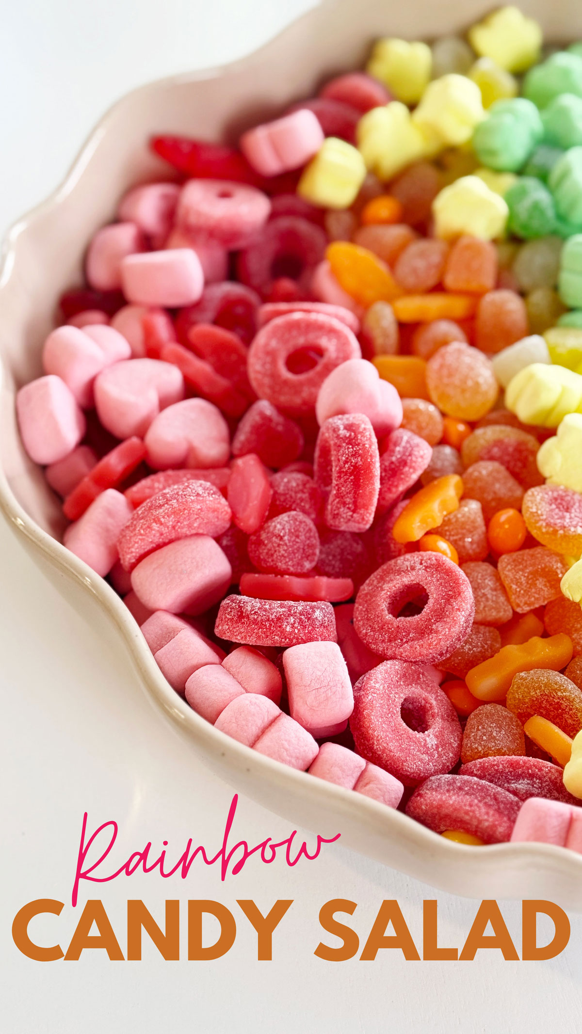 Rainbow candy salad recipe for rainbow birthday trauma party.