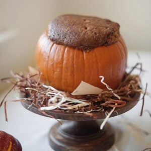 Pumpkin Cake Recipe baked in a pumpkin for fall.