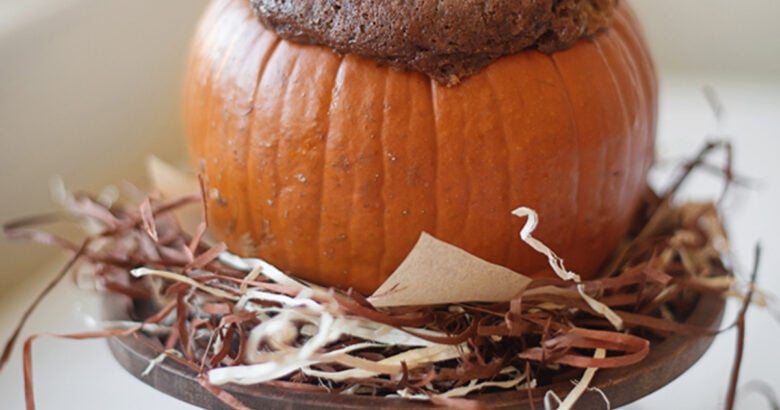 Pumpkin Cake Recipe baked in a pumpkin for fall.