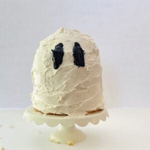 no bake ghost cake with stacked angel food cakes.