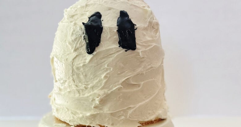 no bake ghost cake with stacked angel food cakes.