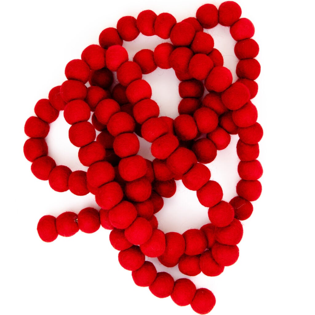 Red felt ball garland pure sheeps wool large banner.